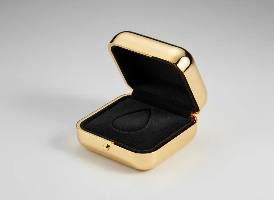 The Vault Case: a solid gold case, open, with an empty velvet recess shaped like the Earring